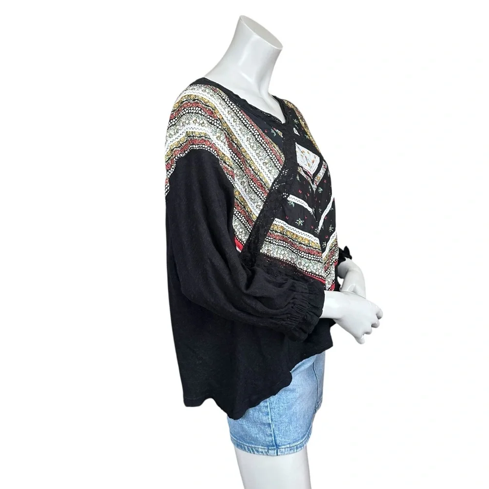 Free People Prairie Days Black & Floral Rustic Boho Linen Cotton Blouse Small